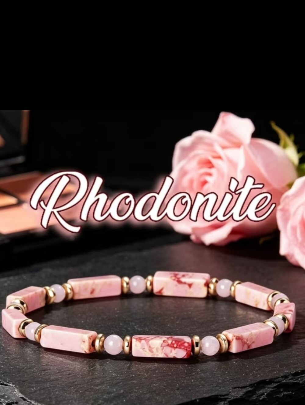 🔮 New NWOT Romantic Rhodonite & Rose Quartz Beaded Stretch Bracelet Pink 7" 🔮